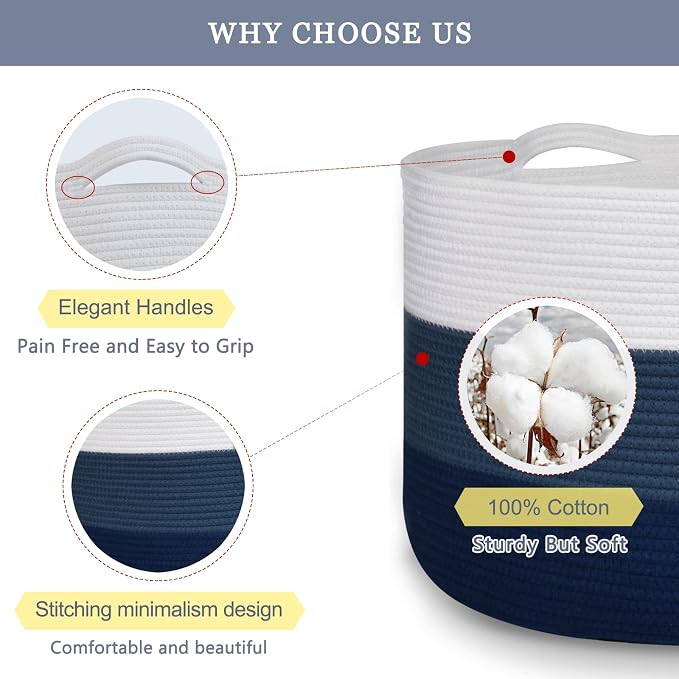 Large Cotton Rope Blanket Basket, 87L Laundry Hamper, White & Blue