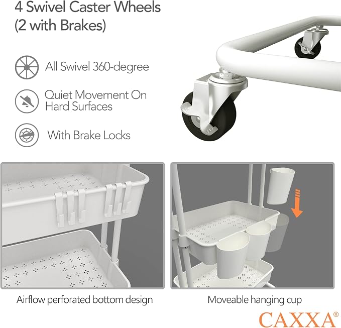CAXXA 3-Tier Rolling Storage Organizer with 3 Small Baskets - Mobile Utility Cart with Caster Wheels (White)