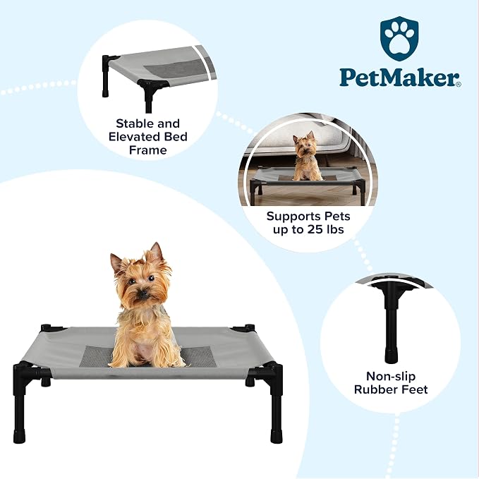 Elevated Dog Bed - 24.5x18.5-Inch Portable Pet Bed with Non-Slip Feet - Indoor/Outdoor Dog Cot or Puppy Bed for Pets up to 25lbs by PETMAKER (Gray)