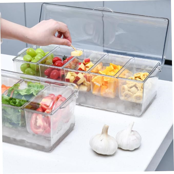 Chilled Condiment Server with Lid 5 Compartment Condiment Tray with Ice Chamber and Handle Food Grade PET Transparent Caddy for Bar Party, Tray with Ice Chamber