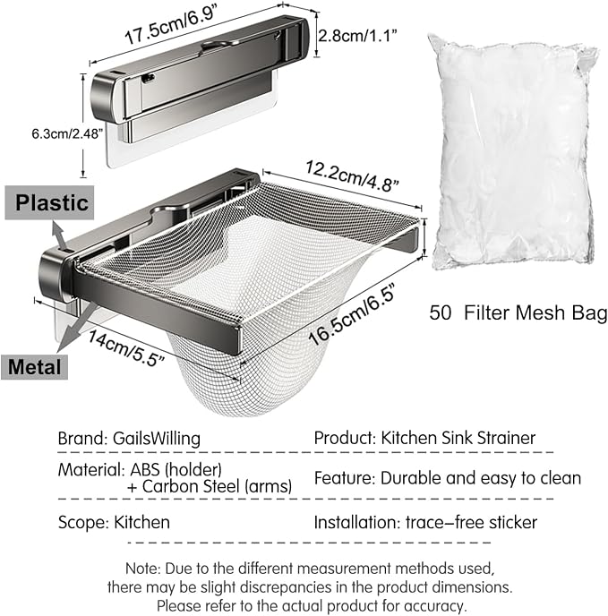 Kitchen Sink Strainer with Filter Mesh Bag, Food Waste Filter Basket, Folding Drain Strainer Catcher for Veggies, Fruits, Dishes (PET holder & metal arms)(grey)