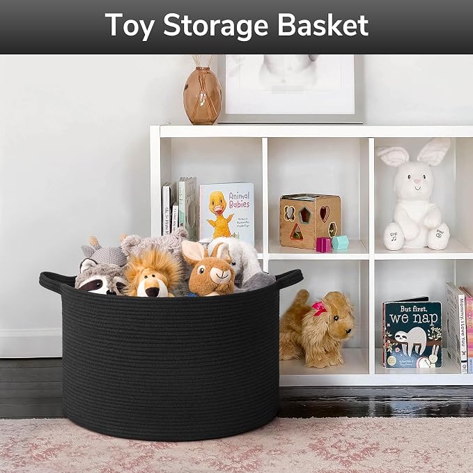 Goodpick Large Woven Dirty Clothes Basket for Nursery & Living Room, 65L | 19.7 x 19.7 x 12.6 In Storage Basket for Nursery, Blanket Basket for Towels Clothes,,Black