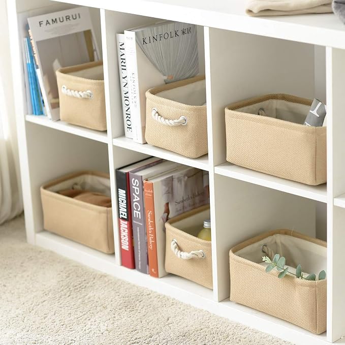 Storage Basket for Organizing - Small 6 Pack 11.8x7.8x5.2 inch Fabric Storage Cubes with Cotton Rope Handle, Collapsible Storage Bins Baby Storage Toy Nursery (Beige)