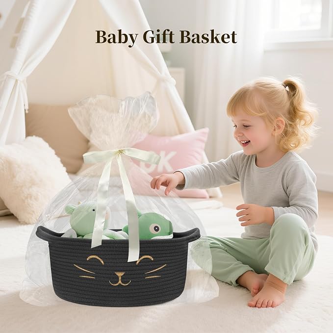 Large Cat Toy Basket, Gift Baskets Empty for Baby Shower,13" x 6" | Boo basket Cute Woven Rope Storage Basket for Home Decor, Baby Baskets for Nursery, Cat Pet toy box, Black