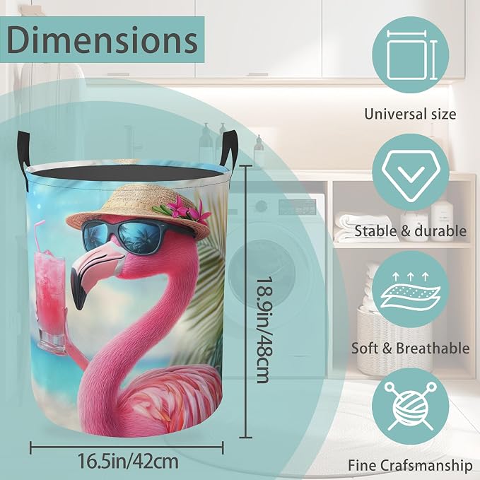 Flamingo Juice Beach Laundry Basket With Handles Tote Bag Oxford Cloth Funny Laundry Hamper Clothes Storage Bucket Toy Organizer 16" X 20.8"For Bathroom/Laundry/Bedroom