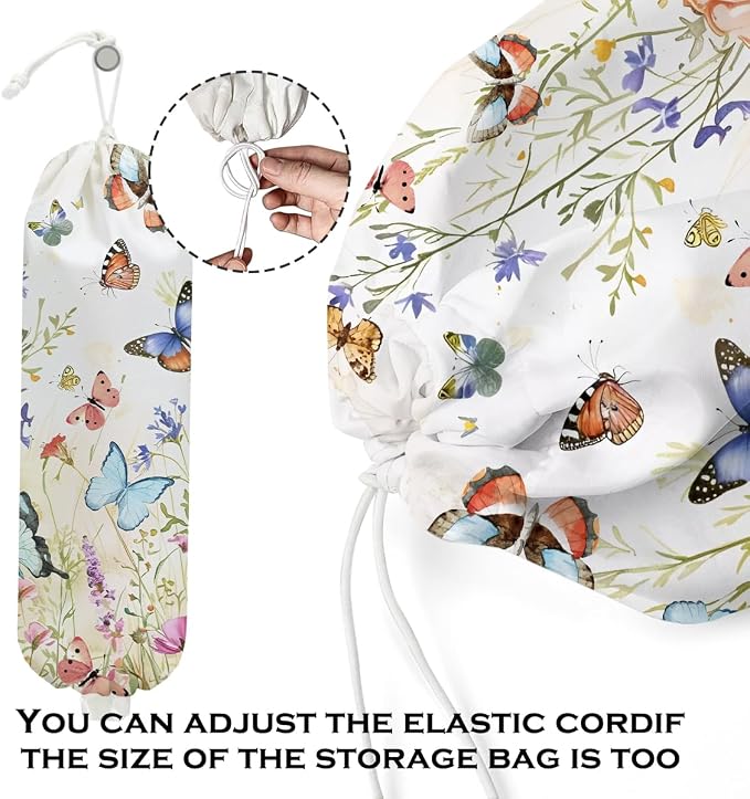 2 Pcs Vintage Floral Plastic Bag Holder, Wall Mount Trash Bag Holder | Summer Floral Colorful Butterfly Reusable Grocery Bags Storage Dispenser for Home Kitchen Pantry, Butterfly Gifts for Women