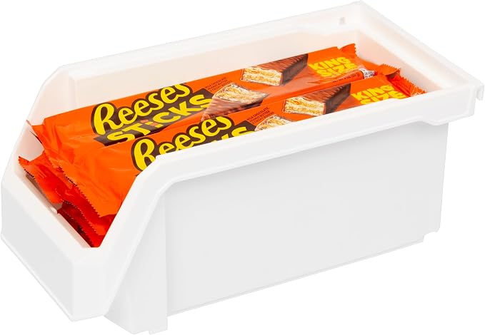 Medium Stackable Plastic Storage Bins, 8-Pack, White | Open-Front Stackable Bins For Garage, Pantry, Closet & Office, 11"L X 5,5"W X 5"H, Nests When Empty, Durable Plastic,