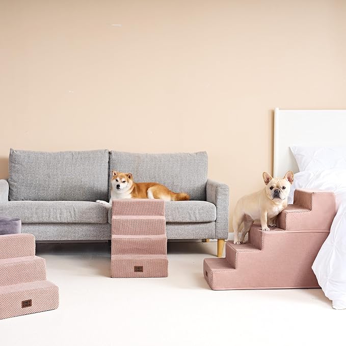 EHEYCIGA Dog Stairs for Bed 18" H, 4-Step Extra Wide Dog Steps for High Bed, Pet Steps for Small Dogs and Cats, Non-Slip Balanced Pet Ramp Indoor, Pink