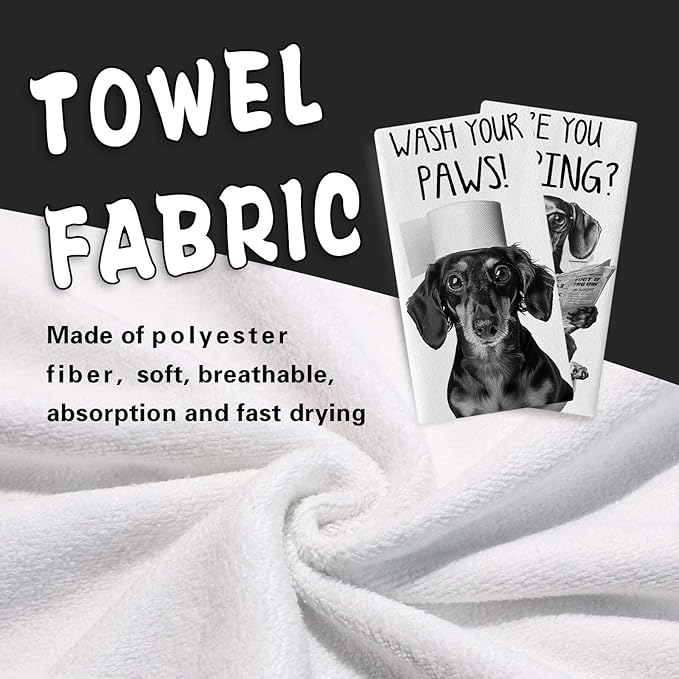 Funny Dachshund Dog Bathroom Kitchen Dish Towels Set of 2, are You Pooping Toilet Drying Hand Towel Baking Cooking Cloth, Wash Your Paws Hands Washroom Restroom Home Decoration 18'' x 26''