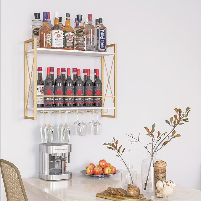 Dokser Wine Rack Wall Mounted 2 Tier Shelf Wine Bottle Holder for Kitchen | Gold 2 Tier Wall Wine Rack with Rustic Wood & Industrial Iron Frame, Wine Bottle Holder for Dining Room, Home Bar Decor