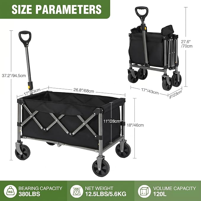 REDCAMP Collapsible Wagon with Wheels, 380lbs Foldable Wagon Cart | Portable Utility Wagon Cart with All Terrain Wheels for Outdoor, Sports, Shopping, Pet, Grocery, Beach, Camping, Black