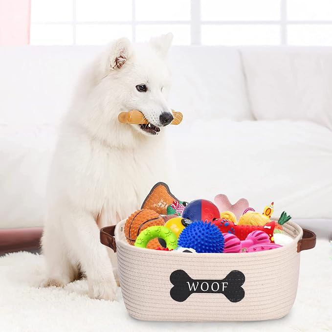 Cotton Rope Dog Toy Storage Basket Medium, Dog Toy bin with Handle,Dog Stuff Organizer - Perfect for organizing pet Toys, Blankets, leashes, Pee mats and Diapers,Nursery Decor Basket-Beige