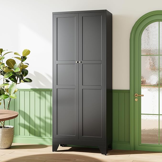 75" H Metal Storage Cabinet with 2 Doors and 4 Shelves,Tall Kitchen Pantry Cabinets,Farmhouse Utility Pantry Organizers for Cupboard/Dining/Bathroom/Home Office/Garage Room,Black