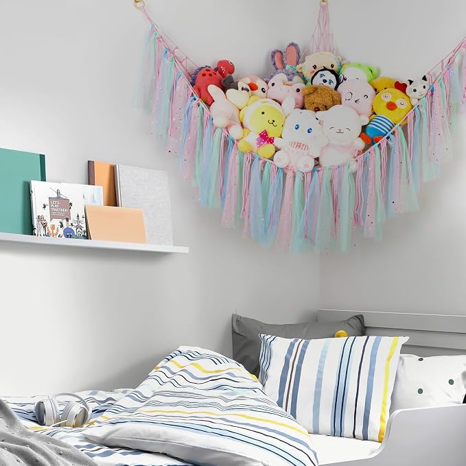 Stuffed Animal Hammock with LED Lights - 59 Inch Large Toy Storage Net for Kids Bedroom, Wall-Mounted Plush Organizer with Wooden Rings, Nursery Decor (Handwoven, Pink)