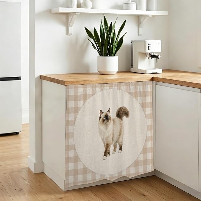 Ragdoll Cat Cabinet Dishwasher Hidden Curtains, Privacy Closet Door Curtain, Vintage Linen Plaid Farmhouse Pet Cats Adhesive Dust Proof Under Sink Skirt for Bathroom Kitchen 35"x35"