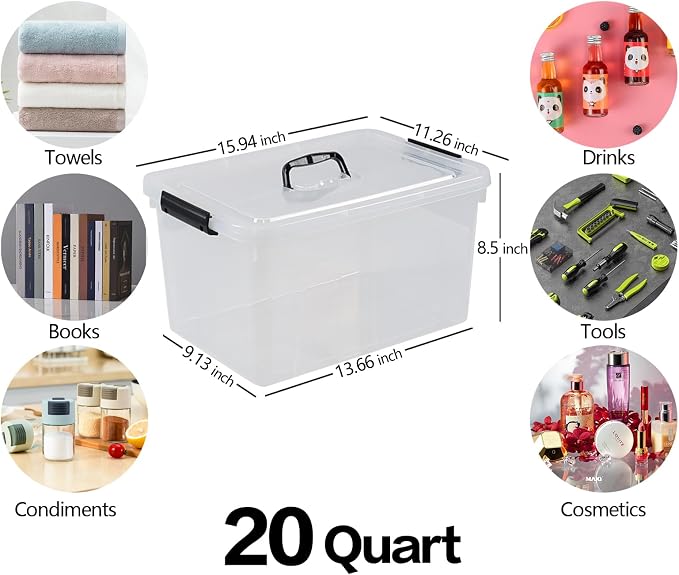 20 Quart Plastic Storage Bins with Lids, Set of 4 | Clear, Latching