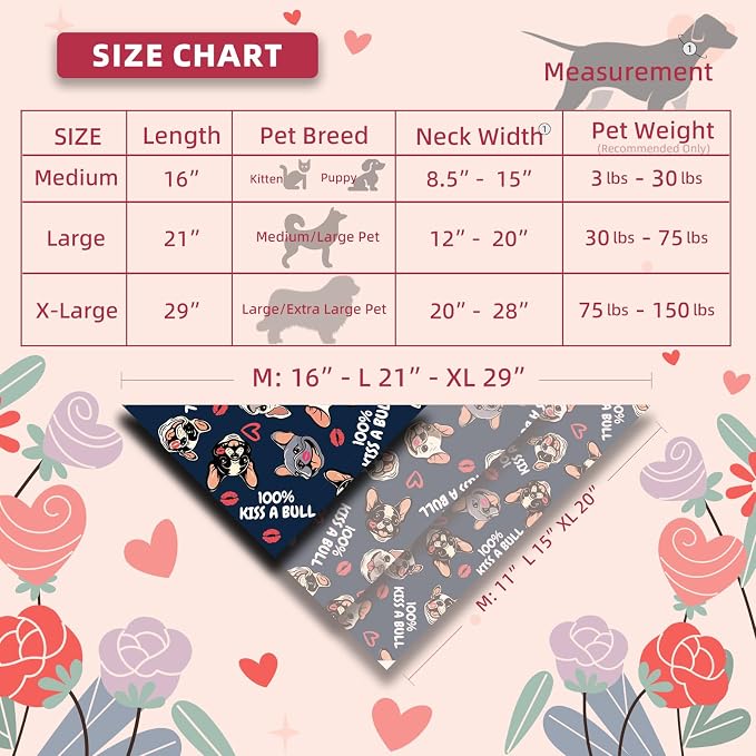 Kiss A Bull Dog Bandanas for Valentine's Day - Cute French Bulldog Pattern - Holiday Costume Pet Scarf with Snap Button for Small & Medium Breeds (5-30lbs)