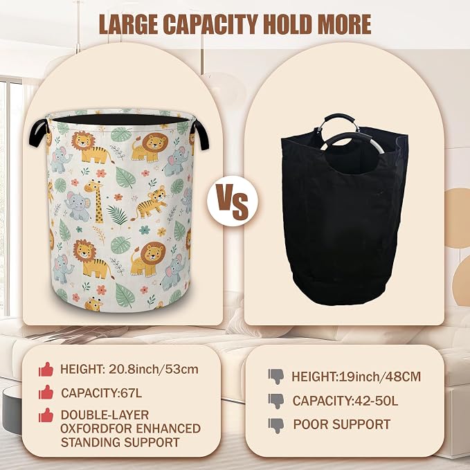 Cute Jungle Animals Cartoon Laundry Basket,Waterproof Foldable Laundry Hamper,Dirty Clothes Laundry Basket,Linen Bin Storage Organizer Collection 16" x 20.8"