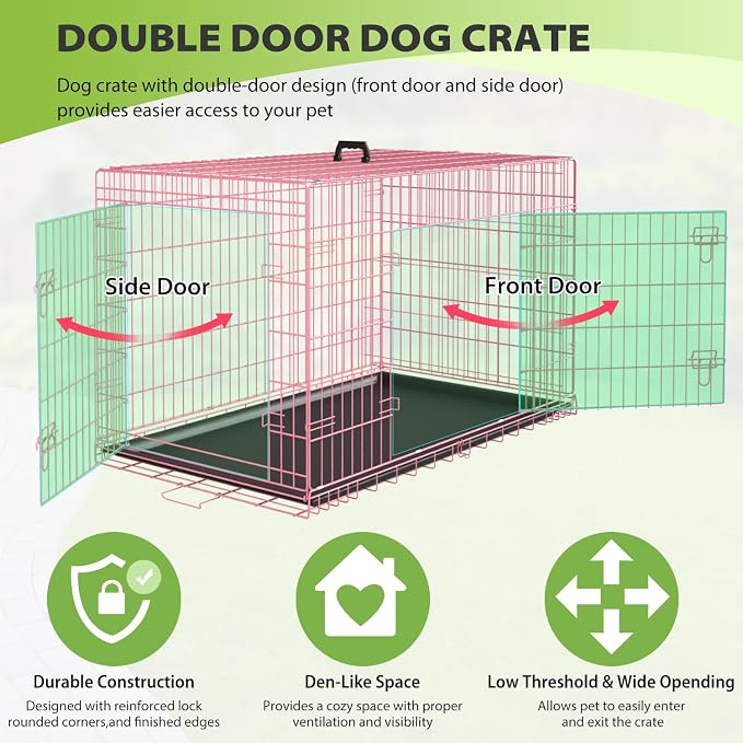 BestPet | Dog Crate | 42" | Pink | Foldable Metal Kennel with Double Doors | Secure Slide-Bolt Latches, Leakproof Tray | Portable Dog Cage for Large Breeds | for Travel, Indoor & Outdoor Use