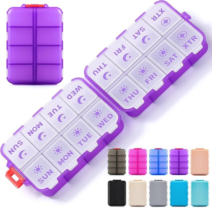 Foldable Weekly Pill Organizer 2 Times a Day with 2 Extra Compartments - Etched Labels - Portable 7 Day AM PM Medicine Box, Week Daily Travel Pill Case Holder for Vitamin, Supplement -Clear Purple