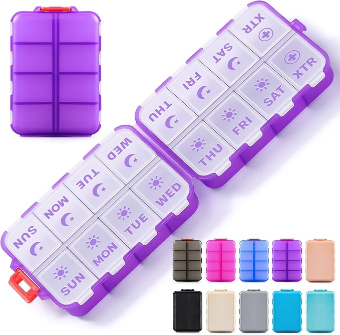Foldable Weekly Pill Organizer 2 Times a Day with 2 Extra Compartments - Etched Labels - Portable 7 Day AM PM Medicine Box, Week Daily Travel Pill Case Holder for Vitamin, Supplement -Clear Purple