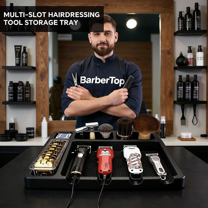 Large Barber Organizer Station, 16 x 12.5 Barber Tray for Clippers & Guards, Duster Brush, Salon Haircut Supplies, Barber Accessories Hair Tool Organizer for Salon & Barbershop and Home