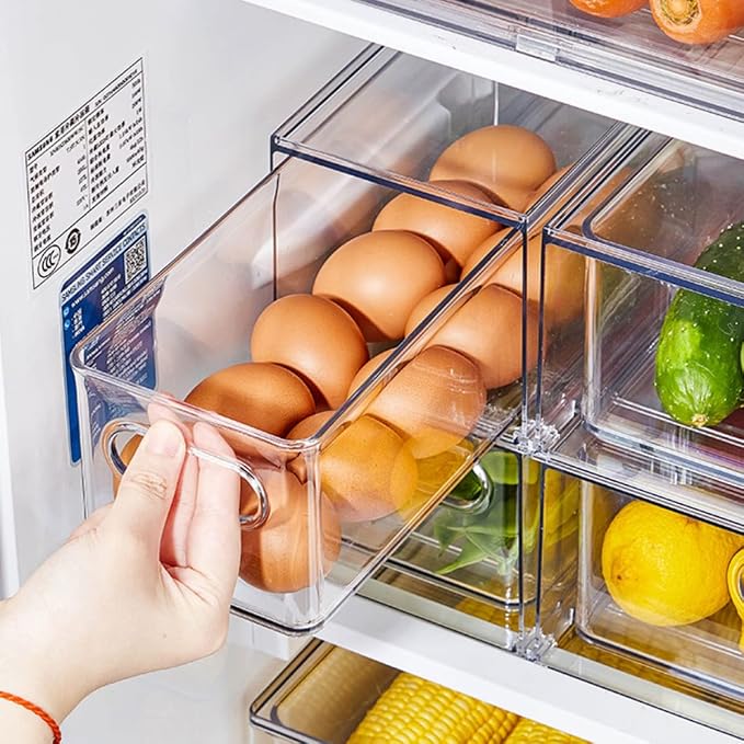 4Pack Stackable Fridge Drawers Pull-out Storage Bins with Handle Clear Food Container for Refrigerator Plastic Dresser Organizer Fruit&Veggie Keeper for Freezer Cabinet Kitchen Organization
