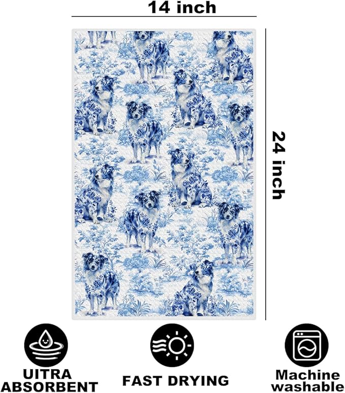 Chinoiserie Australian Shepherd Kitchen Towels 24x14 Inch, Australian Shepherd Gifts Reusable Dish Towels for Kitchen Decor, Blue and White Floral Hand Towel, Botanical Dog Gifts for Women Mom
