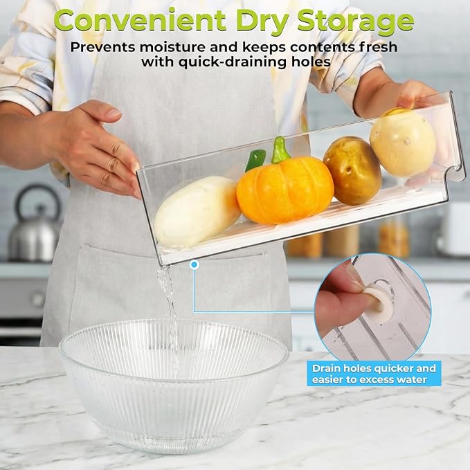 4Pack Fridge Organizer, Stackable Refrigerator Organizer Bins | Reusable Food Storage Containers, BPA-Free with Drain Tray for Kitchen, Refrigerator, Pantry (4 Drawers, Large, Medium)