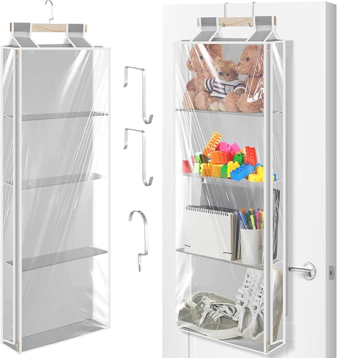 SATINIOR Hanging Stuffed Animal Storage with Zippers Dustproof over The Door Organizer with Large Pockets Different Hanging Methods for Shoes, File (Light Gray,4 Layer)