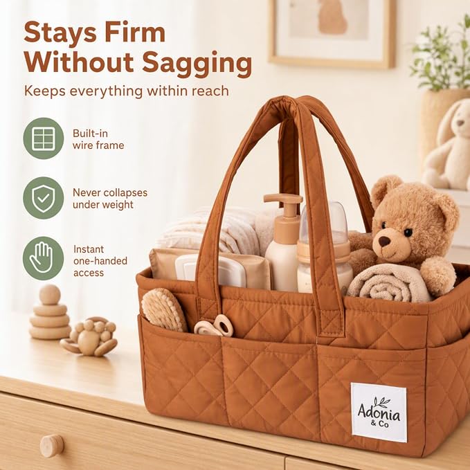 Adonia & Co Diaper Caddy Organizer – Baby Essentials Organizer, Large Nursery Storage Basket with Removable Divider, 8 Exterior Pockets, Portable, Machine Washable, Structured Design, Brown