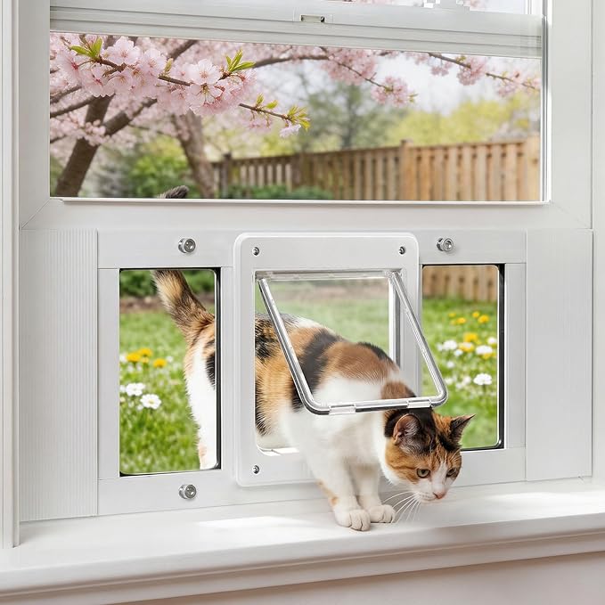 Petoasis Cat Door for Window & Small Dog, Quick Damage-Free Install, 24"-28" Width Adjustable, All Aluminum Frame, 4-Way Lock, Magnetic Closure Cat Window Door, Extra Window Lock & Sealing Strips (S)