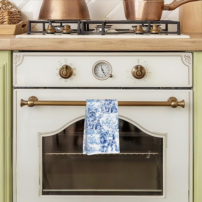 Chinoiserie Yorkshire Terrier Kitchen Towels 24x14 Inch, Yorkshire Terrier Gifts Reusable Dish Towels for Kitchen Decor, Blue and White Floral Waffle Weave Hand Towel, Dog Gifts for Women Mom