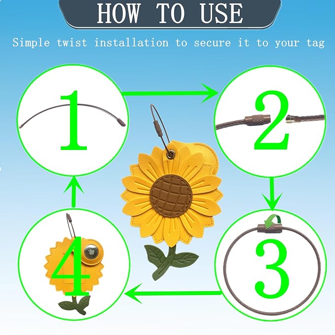 PU Leather Luggage Tag with Airtag Holder Case Set and Name ID Label | Hidden Compartment for AirTag Travel Suitcase Tracking Case with Stainless Steel Loop,Cute Fruit Plant Styles,Sunflower