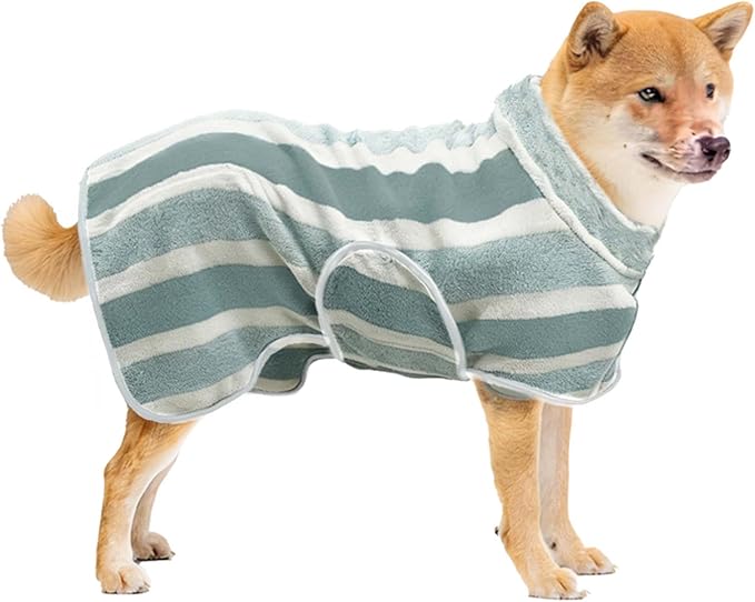Fast Drying Dog Bath Robe, Super Absorbent Stripes Dogs Towel, Adjustable Warm Keeping Pet Puppy Bath Supplies (Green, L)