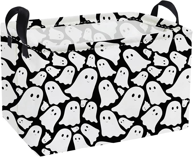 Essme Rectangular Halloween Basket,Ghost Storage Bins Organizer with Handles for Room Decor, Gift Basket.(Black Cute Ghost)