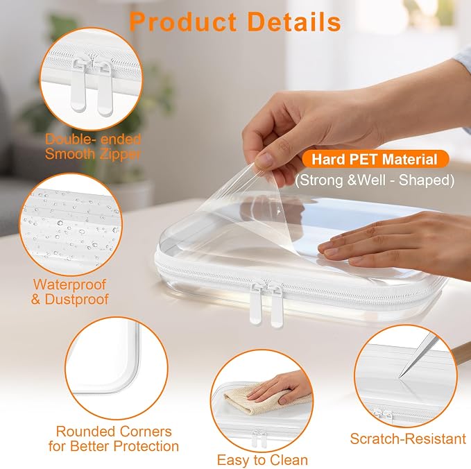 3PCS Clear Hard Shell Zipper Case,9.9*7.9*2in,Travel Toiletry Cosmetic Bags | Crush-Proof Waterproof Clear Zipper Pouches,Multi-Size Storage Box,Stackable Portable Makeup Bag Organizers PET Hard Pouch
