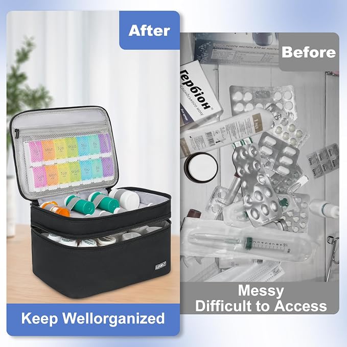 LEFOR·Z Medicine Storage Bag,Double Layers Pill Bottle Organizer Bag Empty | Medical Supplies Bag with Lockable Zipper & Adjustable Divider,Medication Travel Carrying Bag for Pills,Vitamins,Black