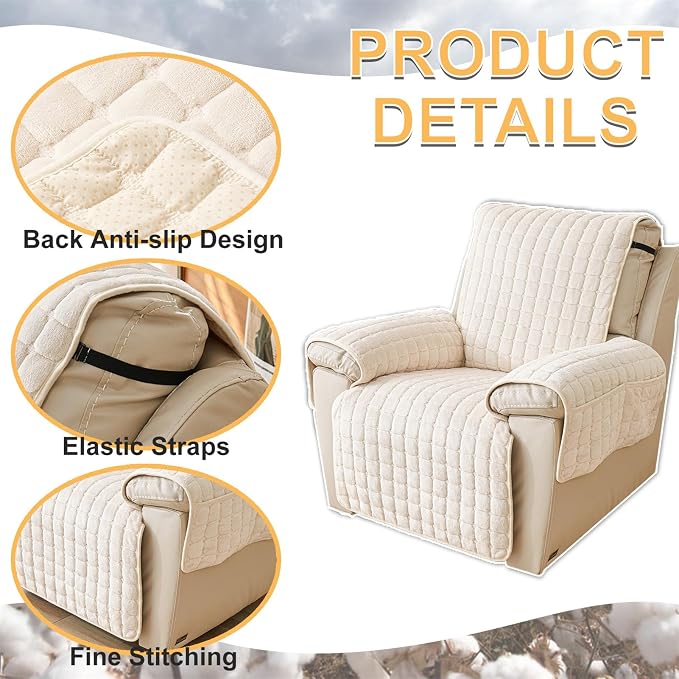 Polyester Flannel Recliner Cover, Non-Slip with 2 Side Pockets | Soft short-pile polyester with silicone backing guards armrests from pet scratches; thick one-piece cover, machine washable.