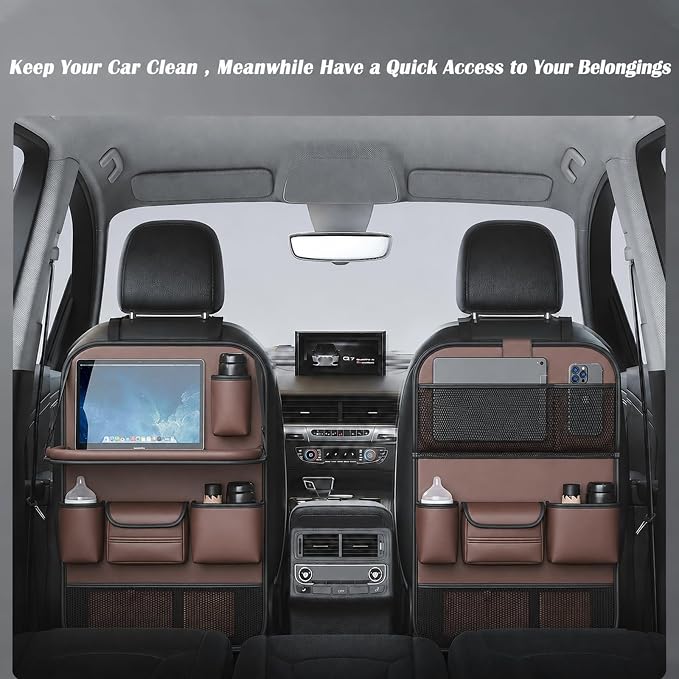 2 Pack Leather Car Backseat Organizer with Foldable Table Tray, Universal Car Seat Back Protector Kick Mat with Touchscreen Tablet Holder, Storage Pockets, Cup Holders & Tissue Holder, Brown