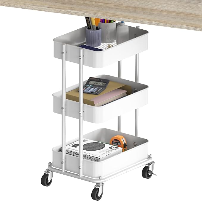 Simple Houseware 3-Tier Utility Cart, Low 24" Height Fits Under Desk, White | Compact & Lower Height Great for Under-Desk Space-Saving Storage for Home Office, Dining Room, or Kitchen