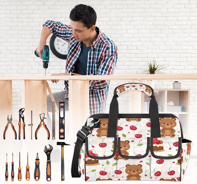 Cherry Heavy Duty Tool Bag 14.8 Inch Bear Portable Soft Tool Box Organizer Storage with Adjustable Shoulder Strap