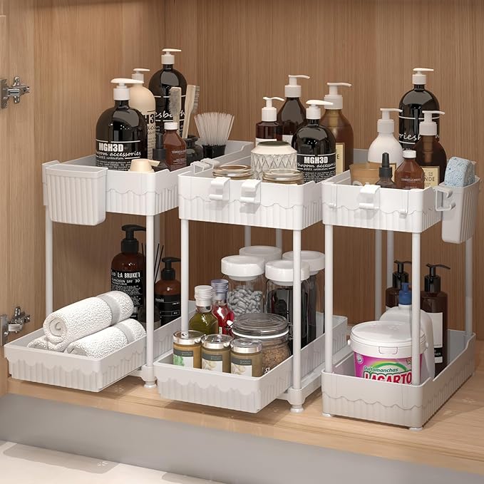 3 Pack Under Sink Organizers, 2-Tier Multi-Use Kitchen and Bathroom Organizers and Storage with Sliding Drawers, Bathroom Cabinet Organizer (White, 14.8 Inch) | Multi-use kitchen & bathroom storage, 14.8 inch white cabinet organizer, space-saving slidi...