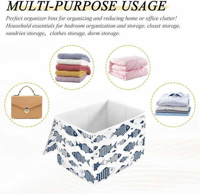 Fish Fabric Storage Bins 40L Basket Cube with Cover for Home Bedroom Closet | Decorative Storage Boxes, Dust-Proof Flip Top, Reinforced Handles, For Home & Bedroom, Clothes & Toy Box, Oxford Fabric Print