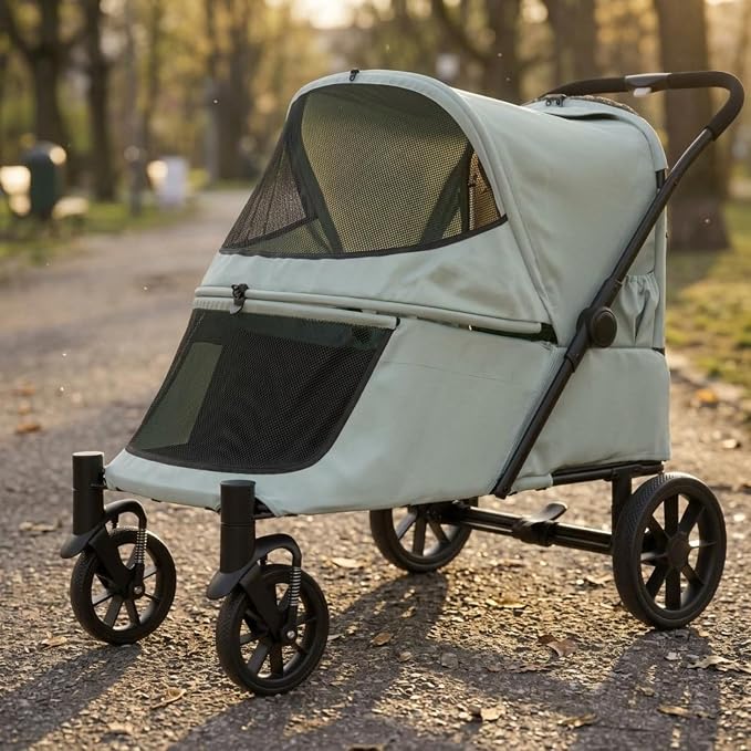 Outdoor Transport Cart Pet Folding Enclosure Steel Carrier Mesh Ventilated Window Easy Entry Four Wheels Suitable for Pet Walks Shopping, Silver Gray, Silver Gray
