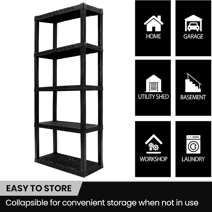 Oskar Heavy Duty Plastic Storage Shelves- for Garage, Kitchen, Bathroom Basement Kids Room, Stackable 5-Tier Black, Organizer Rack for Books Shoes, Toys, Pantry, Cleaning and Closet Organization