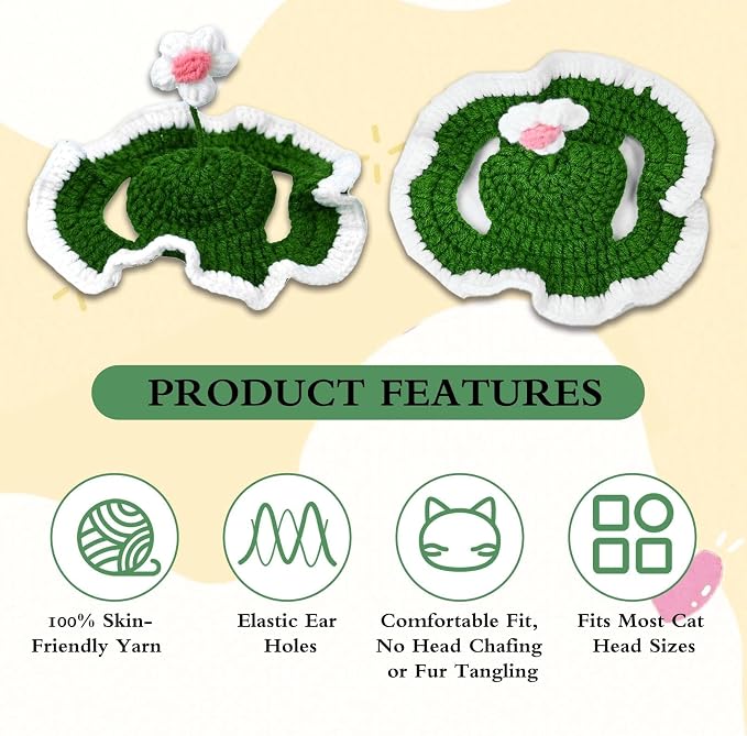 Flower Cat Hat, Cotton & Soft Cute Knitted Hats for Cats Birthday Party Spring Puppy Hat for Small Pets (Green,M)