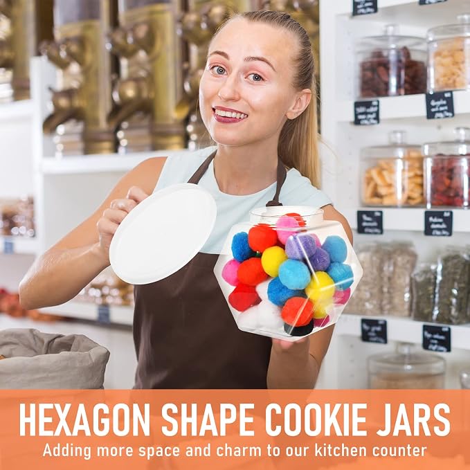 EBOOT 4 Pieces 1 Gallon/ 129 oz Plastic Candy Cookie Jars Large Hexagon Cookie Jar Bulk with Lid Clear Candy Containers for Kitchen Counter Laundry Pod Storage Container Dry Food Dog Treats Craft