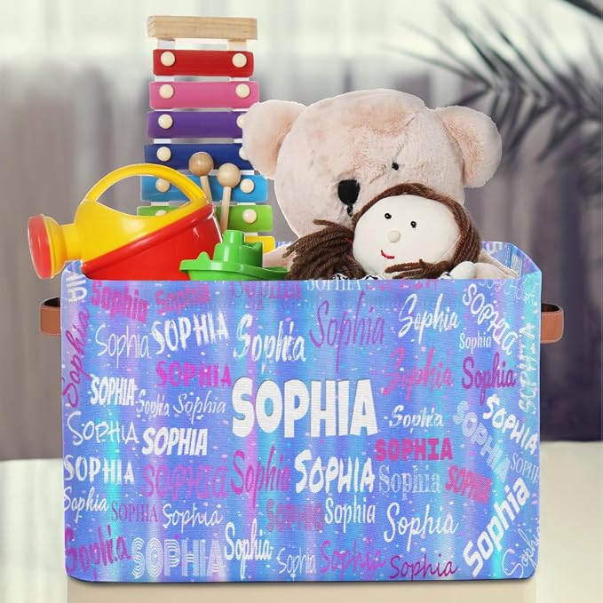 Custom Storage Baskets Named, Gradient Light Blue Stripes with Stars | Organizing Boys Girls Pets Toys Closet Shelf Clothes Books