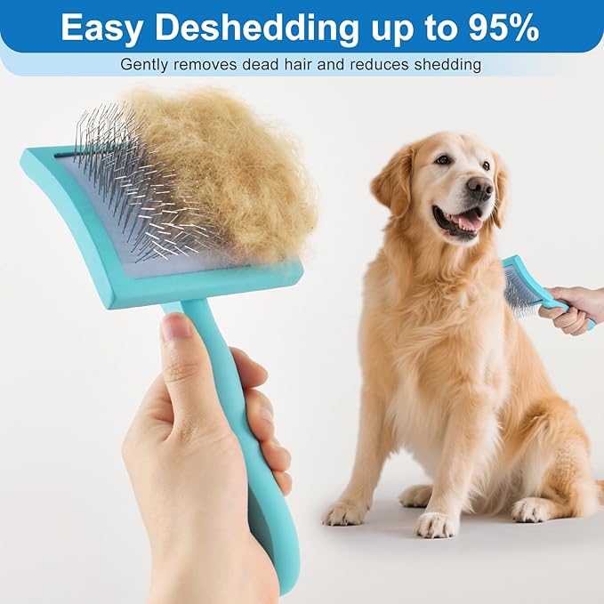 Slicker Brush for Dogs, Slicker Brush for Doodles Long Haired Dog, Goldendoodle Long Pin Detangler for Dematting, Dog Slicker Brushes for Grooming (Large Curved)(Blue)